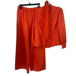 Vintage Womens Pants Suit Size Medium Orange Wide Leg Button Down Long Sleeve